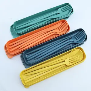 4PCS/Set Wheat Straw Tableware Box Spoon Fork Chopsticks Cutlery Dinnerware Children Adult Travel Portable Kitchen Accessories