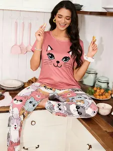 Women's Sleepwear Set, Cartoon Animal Print Round Neck Short Sleeve & Pants, Ultra Comfortable Cute Cat Pattern, 2 Piece Loungewear