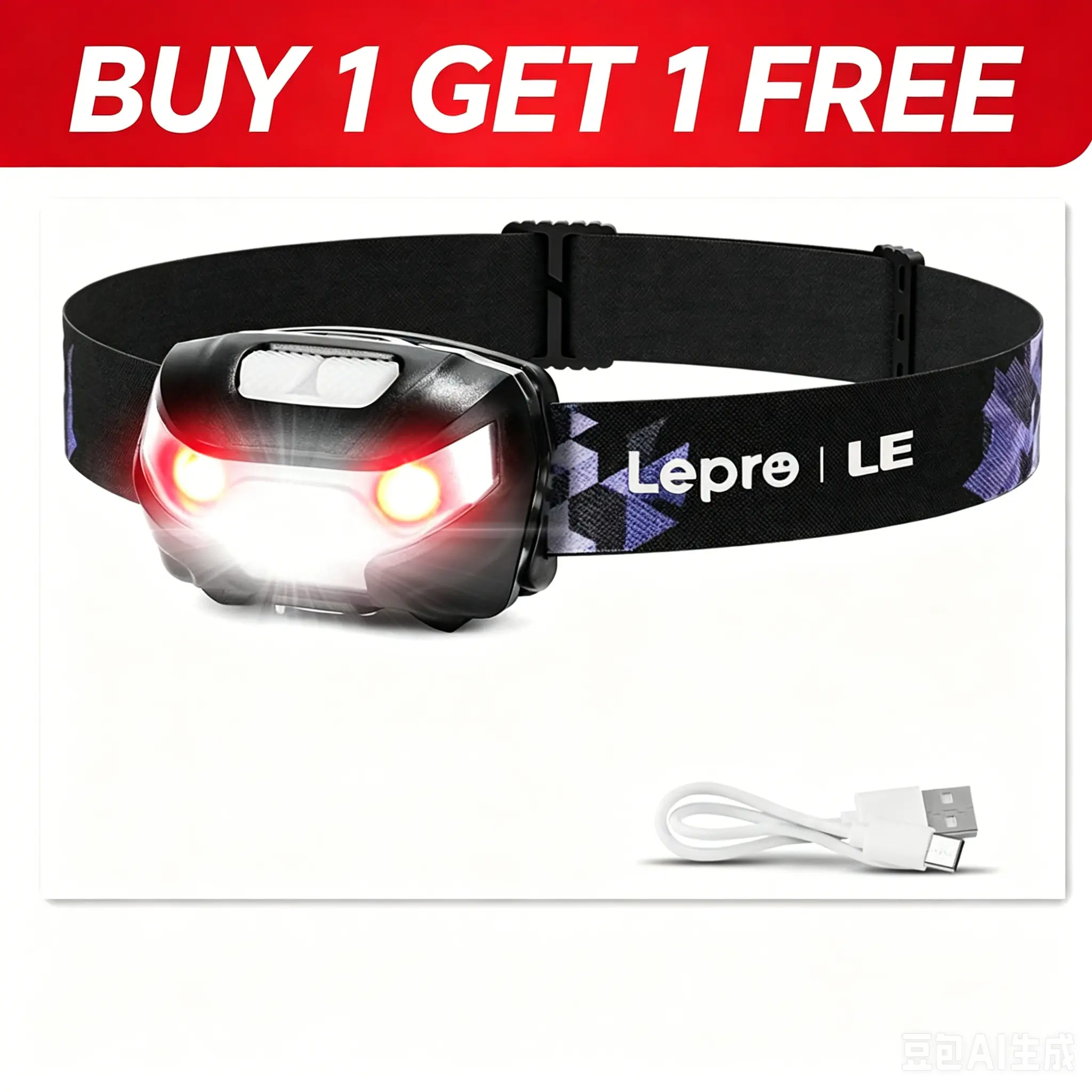 [Buy 1 Get 1 Free], LEPRO Rechargeable LED Headlamp, High Lumen Flashlight with 5 Modes, IPX4 Waterproof, Red Light, USB Cable Included for Camping & Hiking Gear Essentials