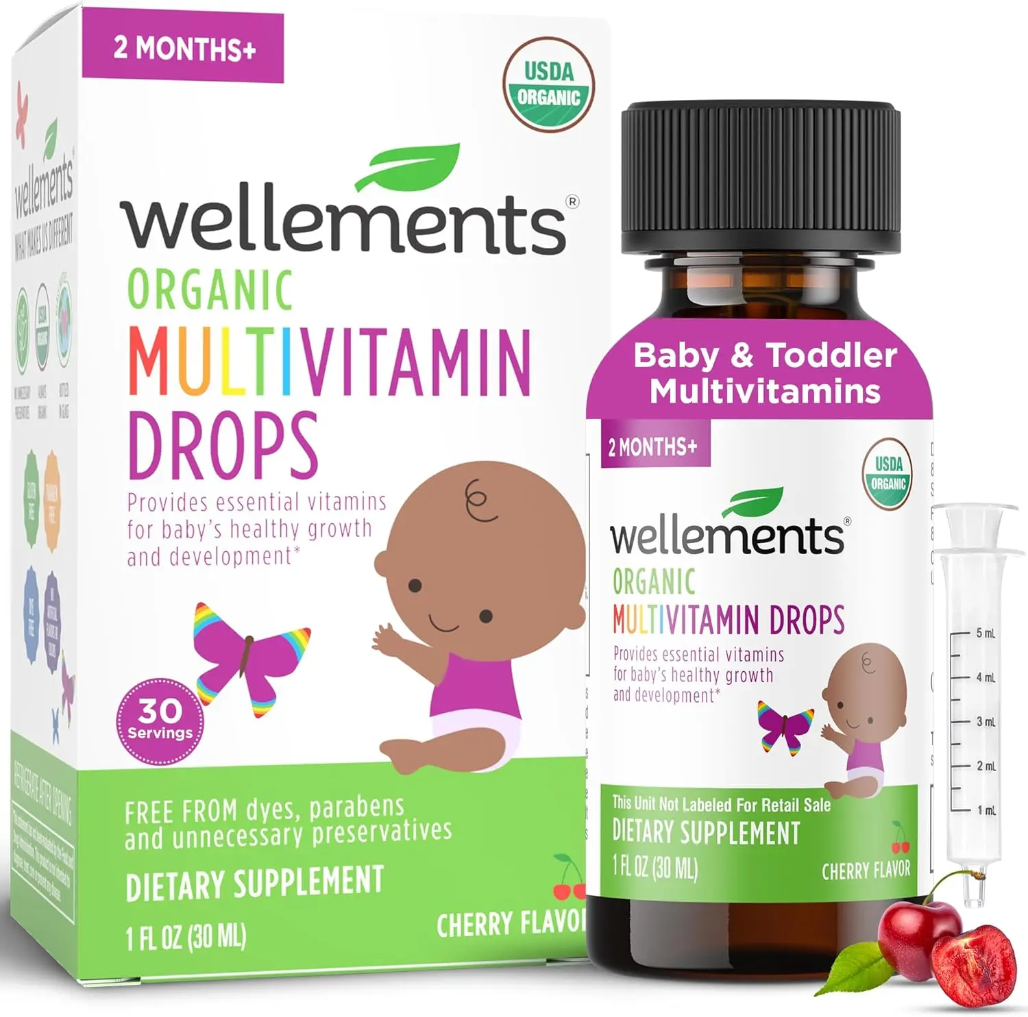 Organic Liquid Baby Multivitamin Drops, Cherry Flavor (1 Fl Oz) 2 Months+ - Infants & Toddlers Supplement for Immunity Boost, Healthy Growth & Bone Development