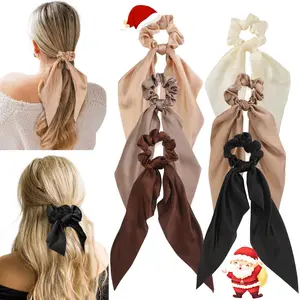 6 Pcs Bow Silk Scrunchies Set,Hair Ties with Bows,Hair Scrunchies for Women Girls,Knotted Bows Silk Hair Ties,Satin Hair Ribbon Elastic Hair Tie,Christmas Party Gifts,Hand Tools Kits