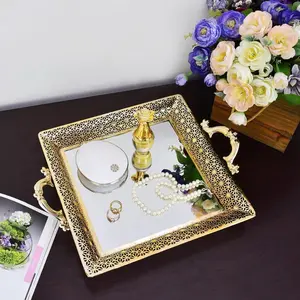 Decorative Mirrored Tray with Metal Handles, Vintage Gold Mirror Tray Rectangle Serving Tray, Bathroom Vanity Trays for Dresser Makeup Perfume Tray Valentine's Day Gifts for Her