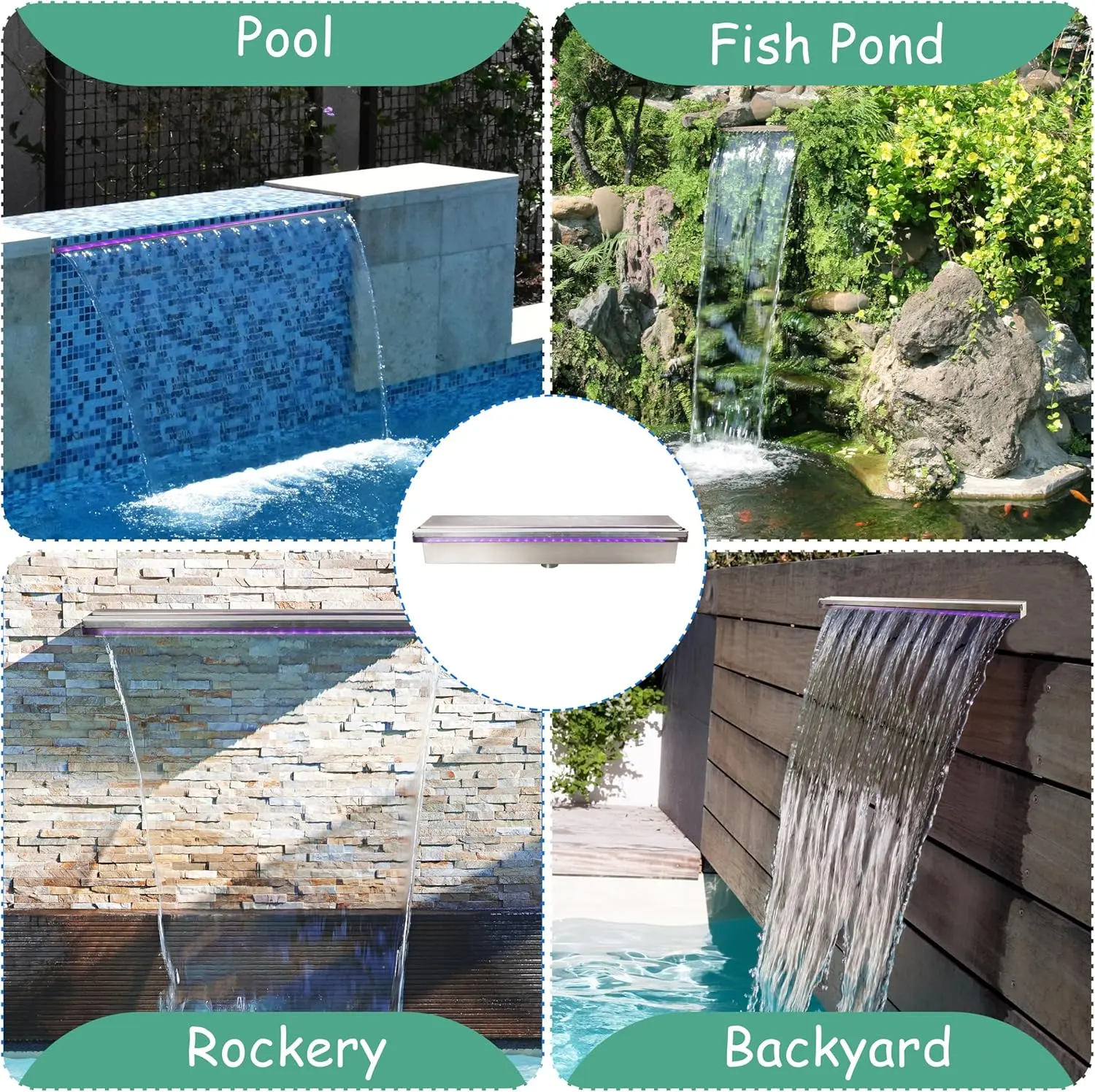 [Deals For You] Elegant 19.6*4.7*3.1in 304 Stainless Steel Pool Waterfall Spillway, Multi-Color LED Light Outdoor Fountain Kit with Adapter Power, Easy Assembly for Garden Patio Decoration