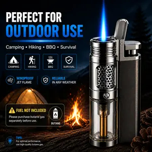 Retro Multi-Use Refillable Butane Lighter, Windproof Jet Flame for Survival, Camping, and Everyday Use, Durable Metal Body, No Gas Included