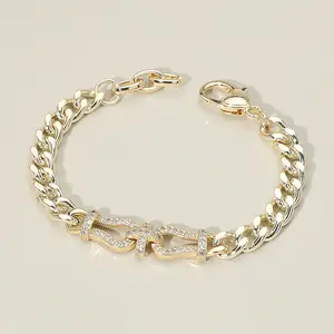 14K Plated CZ Stone Paved Horsebit Accent Chunky Cuban Chain Bracelet for Women