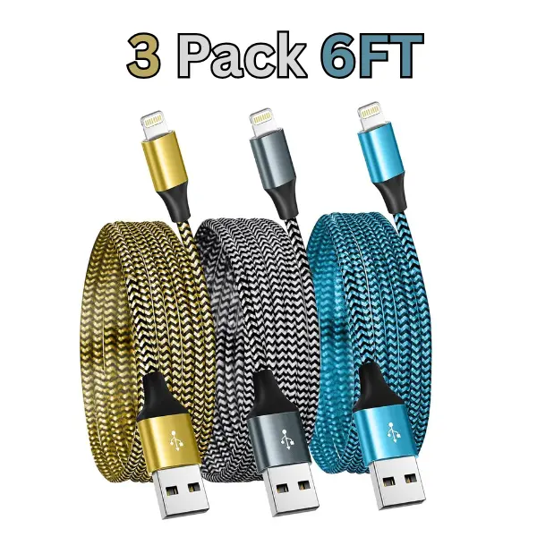 iPhone Charger 3 Pack 6FT – MFi Certified Lightning Cable Fast Charging Nylon Braided Cord for iPhone 14 Pro Max/Plus, 13, 12, 11, XS, XR, 8, 7, 6, SE