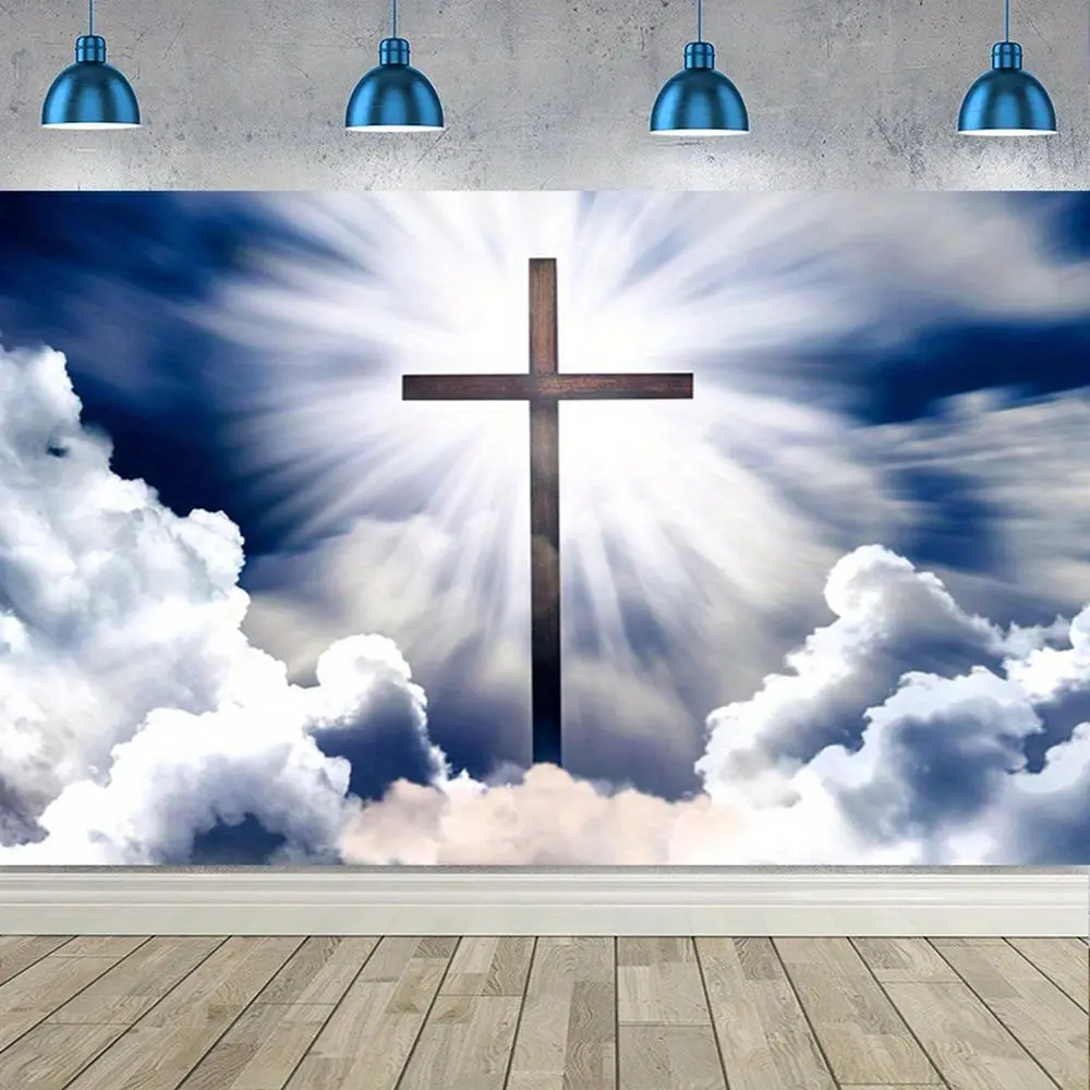 1PC Polyester 2D Flat Easter Jesus Cross Backdrop - Christian Church Worship Decoration Cloth, Birthday Party Shooting Background Curtain, Holiday Party Decor, Outdoor Party Banner