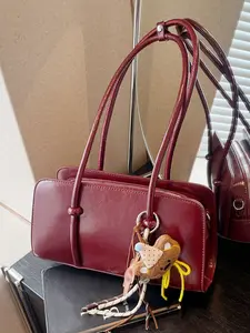 Niche retro distressed handbag, simple solid color baguette bag, handbag with shell baseball pendant, fun and fashionable versatile multi-color optional, suitable for office workers' daily commuting, PU Tote Satchel, etc.