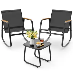 Gizoon 3 Piece Rocking Bistro Set, Textilene Fabric Patio Furniture Set, Front Porch Rocker Chairs with Coffee Table for Lawn, Garden, Balcony, Poolside (Black)