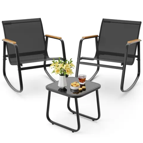GIZOON 3-Piece Classic Rocking Bistro Patio Furniture Set - Robust Metal Textilene Outdoor Chairs, Rectangle Coffee Table, Tear-Resist Fabric, Stable, Grip-Safe Pads, Exterior Garden Porch Furniture, Assembly Required