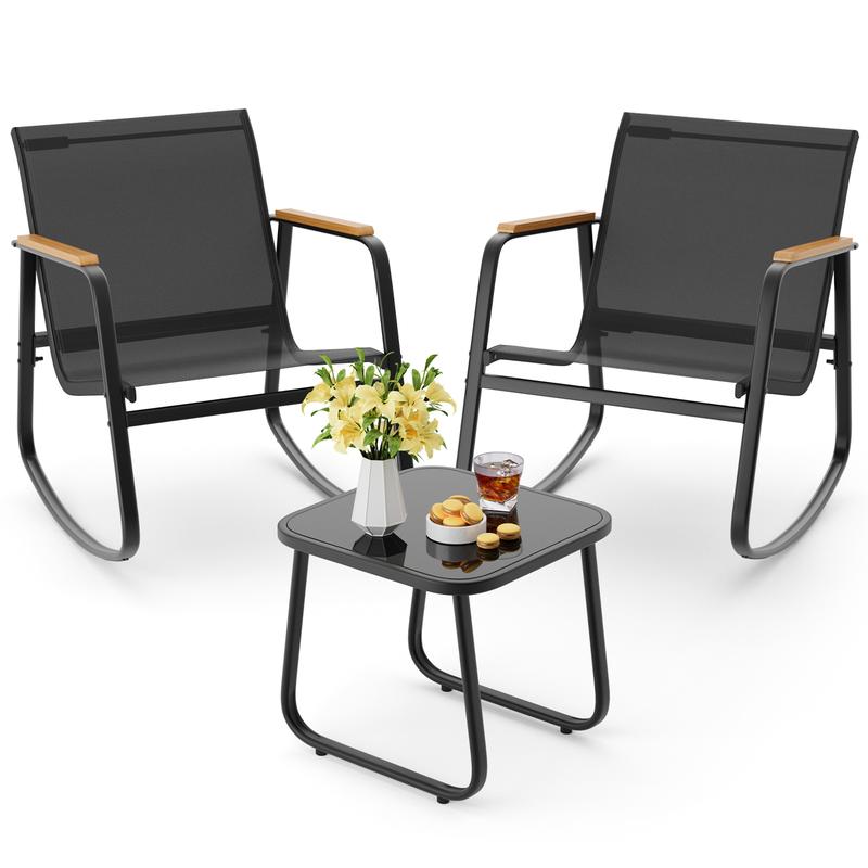 Gizoon 3 Piece Rocking Bistro Set, Textilene Fabric Patio Furniture Set, Front Porch Rocker Chairs with Coffee Table for Lawn, Garden, Balcony, Poolside (Black)