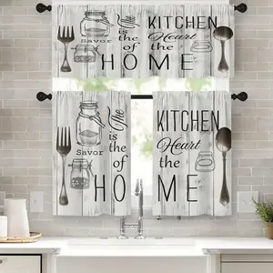 3pcs Kitchen Curtains White Farmhouse Rustic Window Curtains And Valances, Vintage Fork Spoon Barn Country Wooden Wood Short Tier Curtain, Vintage Small Kitchen Decor