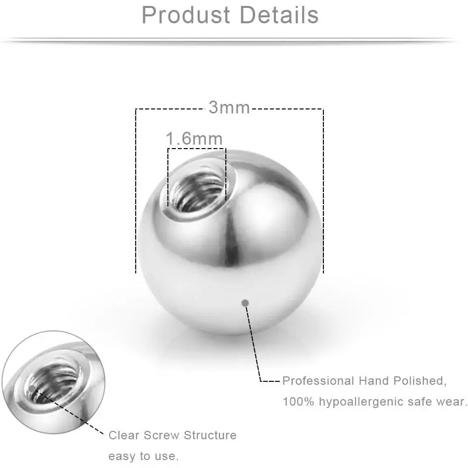 12PCS Mix Color Stainless Steel Hypoallergenic Solid Ball Body Jewelry Piercing Barbell Parts - 14G, 16G, 3mm Smooth Surface Replacement Balls, Stainless Steel Jewelry, 12Pcs 14G 3Mm