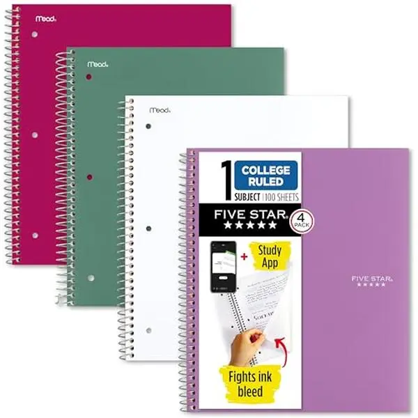 Five Star Spiral Notebook + Study App, 100 Sheets, 1 Subject, College Ruled Paper, Fights Ink Bleed, Water Resistant Cover, 820337-ECM, Purple, Pink, White & Green, 8-1/2" x 11", 4 Pack