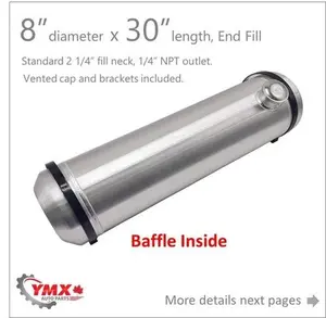 M188B JSD Aluminum Spun Fuel Tank 8x30 End Fill 6.25 Gallon 1/4'' NPT with Baffle