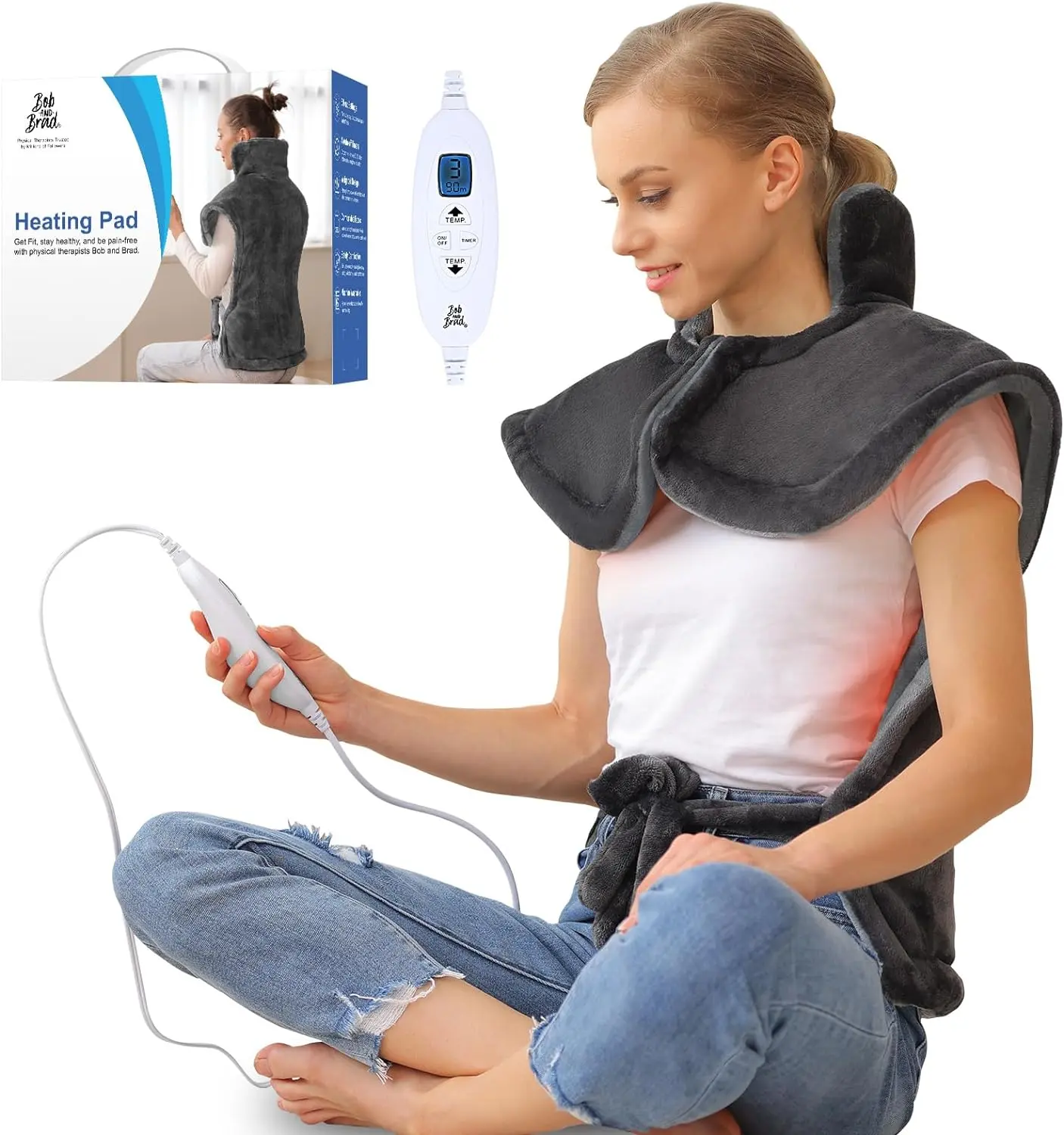 BOB AND BRAD Weighted Heating Pad for Back Pain Relief, 24"x34'' Electric Heating Pad for Neck and Shoulder, 6 Heat Settings, Full Body Heating Pad Portable & Adjustable Elastic Strap -2-year Guarantee