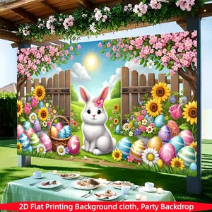 Easter Bunny Background Banner, Polyester Fabric, Garden Scene with Rabbits and Eggs, Spring Decor, Party Decoration, Home Outdoor Use, Photo Backdrops, Garden Decorations, Decorative Banner