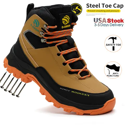 Men's Steel Toe Industrial Work Boots - Nonslip Fabric Lace-Up Nonslip Work Shoes for Worker, Warehouse, Construction, with Puncture Protection, Anti-Smash, Waterproof, Lightweight Minimalist EVA Design