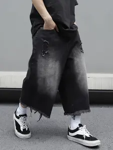 Loose Fit Casual Jeans With Pocket Insertion And Frayed Hem Oversize Jorts Long Shorts Plain Party Street Loose Fit Casual Jeans With Pocket Insertion And Frayed Hem Oversize Jorts Long Shorts Plain Party Street