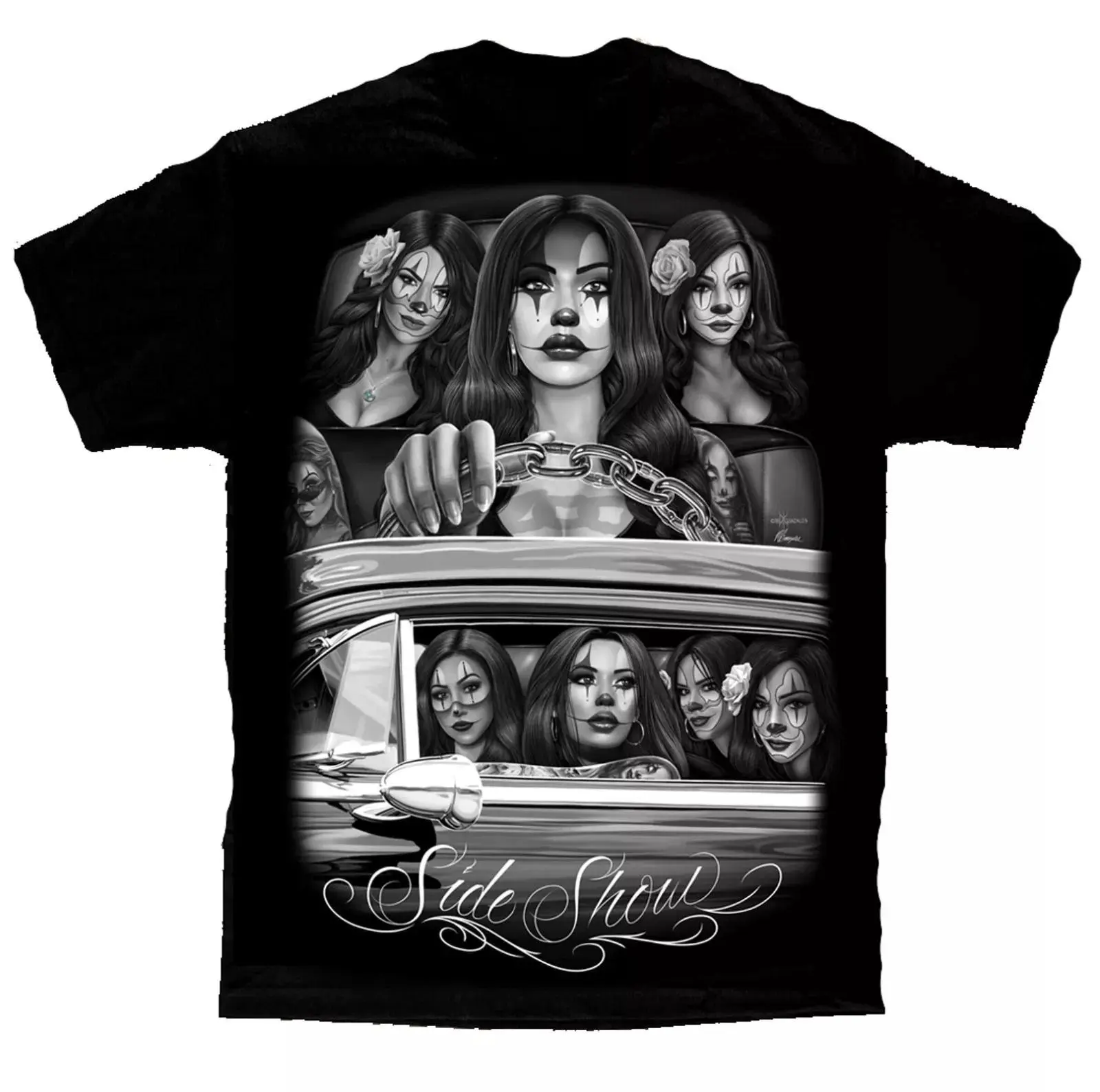 Menswear David Gonzales Chicano Art DGA Side Show Cruising Lowrider Payasa Clown Cotton T-Shirt - Short-Sleeve, Round Neck, Graphic Print, Regular Fit, Unisex, Casual Wear, Sporty Chic, Shopping Pick, Summer Gift (Sports & Outdoor Top)