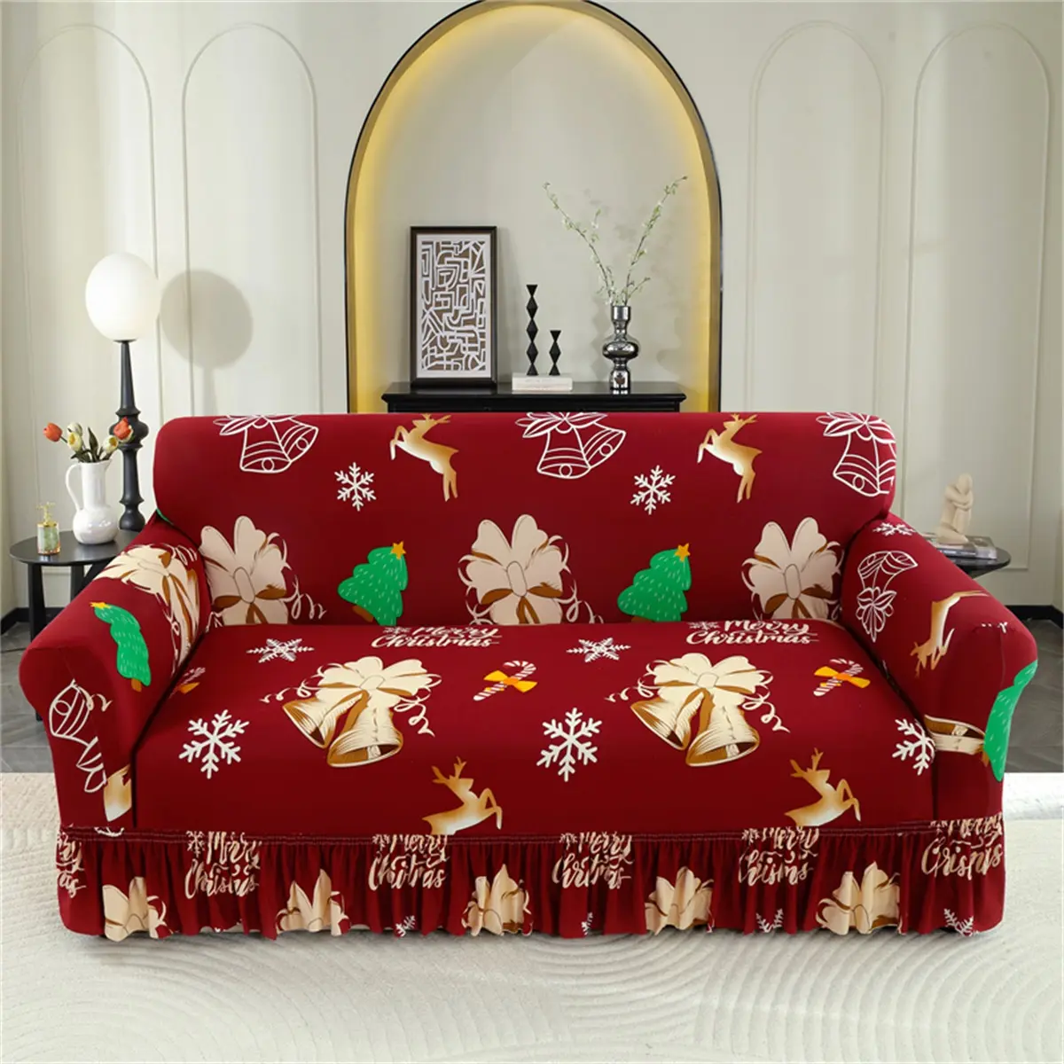 Christmas Sofa Cover, Festive Reindeer & Santa Design, Elastic Dustproof Couch Protector, Sofa Couch Covers, Fits 1-4 Seater Sofas, Easy Washable