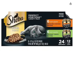 Sheba Perfect Portions Wet Cat Food Cuts in Gravy, Cat Food Wet Recipe, Roasted Chicken Entree and Turkey Entree, Variety Pack, Twin-Pack Trays (12 Count, 24 Servings)