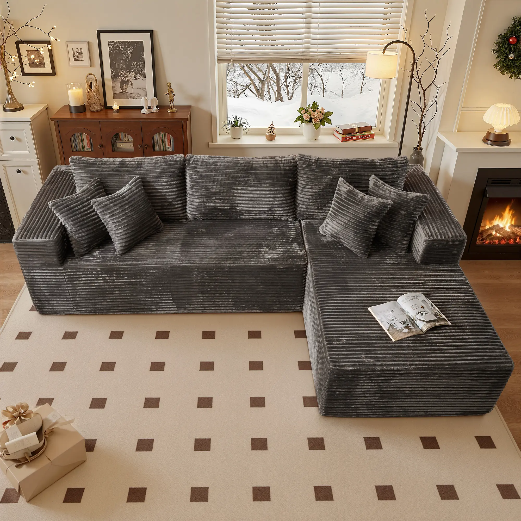 Gray Corduroy Right Chaise NO Ottoman