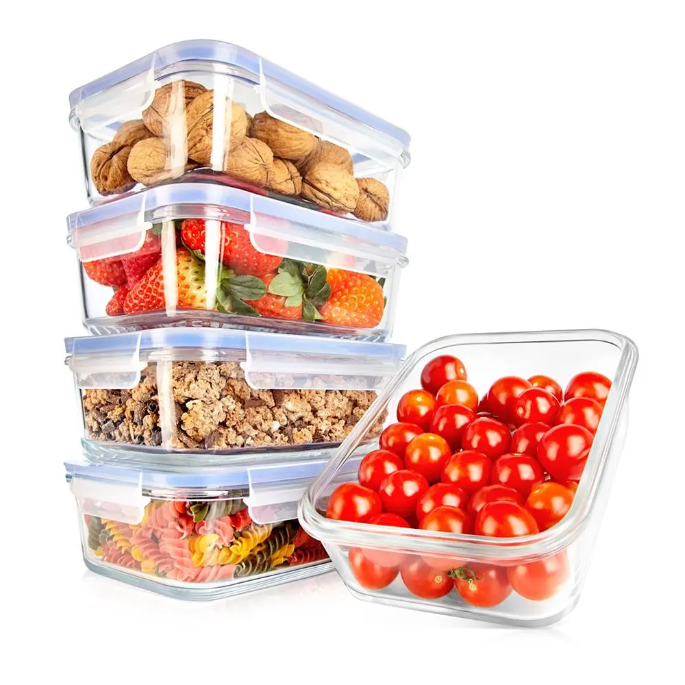 Nutrichef 10-Piece Gray 30 oz Borosilicate Glass Lock-and-Lid Food Storage Set - Leak-Proof, Airtight, BPA-Free Lids, Microwave/Oven/Freezer Safe, Stackable High Capacity Container - Gym, Pool Meal Prep, Fridge Organization Solution