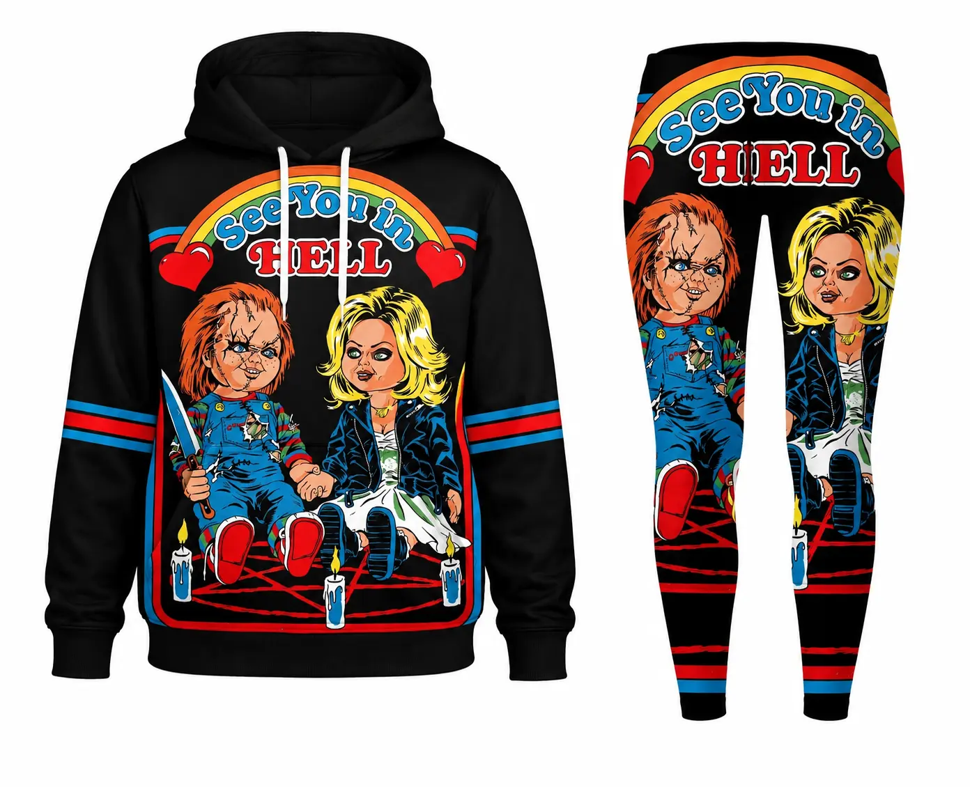 Chucky Horror Hoodie and Leggings Set for Women – Halloween Workout Outfit, Scary Doll Graphic Gym Wear, Sleeveless Cut-Out Hoodie with Matching Pants
