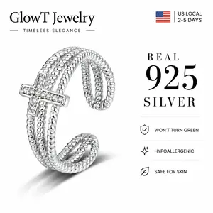S925 Sterling Silver Twisted Multi-Band Cross Adjustable Ring - Pave CZ Cross on Braided Open Band, Hypoallergenic Ring for Sensitive Skin, Christian Faith Jewelry for Divine Protection & Daily Blessings