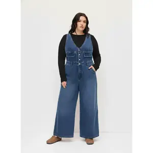 Cider Denim V-neck Knotted Wide Leg Jumpsuit Curve & Plus