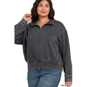 Acid Wash Fleece Half Zip Pullover Sweatshirt Top