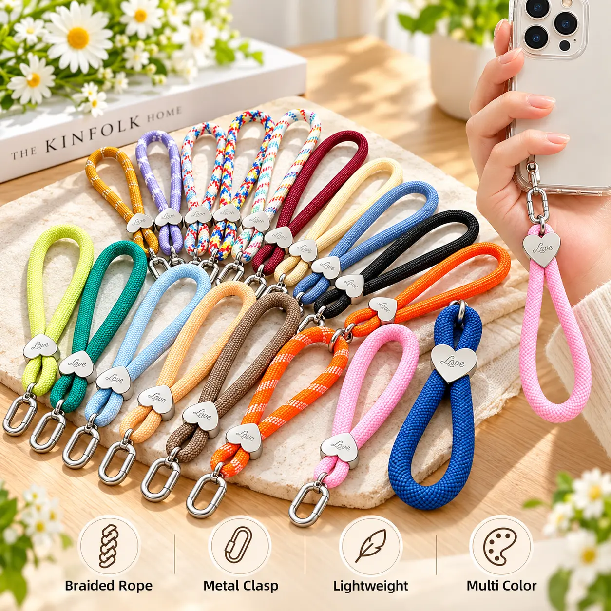 Colorful Heart Braided Phone Wrist Strap, Nylon Lanyard with Swivel Connector, Anti-Lost Keychain Strap for Phones, Keys and Bags Smartphone Cellphone