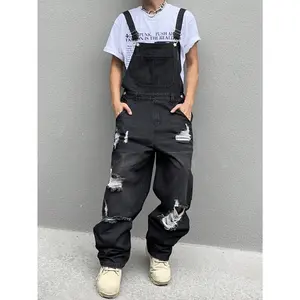 Manfinity Hypemode Men'S Fashionable and Ripped Design Plain Street Wear Rapper Denim Overalls with Belt Loops, for Going Out SHEIN