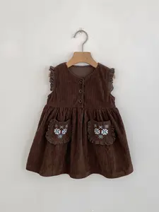 Korean Style Floral Dress for Girls with Embroidery, Spring and Autumn Sleeveless Fashion, Cute Baby Dress for Fall Season