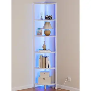 6 Tier Corner Shelf with LED Light, 67.5 Tall Standing Shelf Organizer, White Narrow Bookshelf with Storage Rack for Wall Corner, Living Room, Bedroom, Metal Frame, Wood Display Shelf