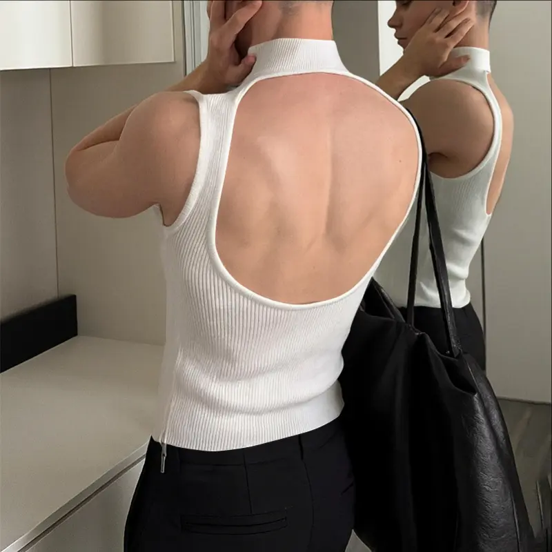 INCERUN Men's Slim-Fit Ribbed Knit Cutout Back Vest, High-Neck Sleeveless Fashion Top for Gym & Clubwear, Cutout Back Vests