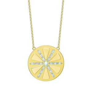 Rosette Token Necklace 14k Yellow Gold Diamond Baguettes Center Pearl 16-18 Adjustable Chain with Lobster Clasp