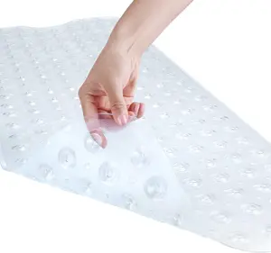 Bath and Shower Safety Mats 40x16 inch, Non Slip with Suction Cups for Bathroom Stall and Tub Floor,  and Machine Washable, Drain Holes Keep Bathtub Clean, Clear