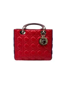 Pre-owned Dior leather Tote Bags Christian Lady Red Cannage Handle Bag With Silver Charms DR745