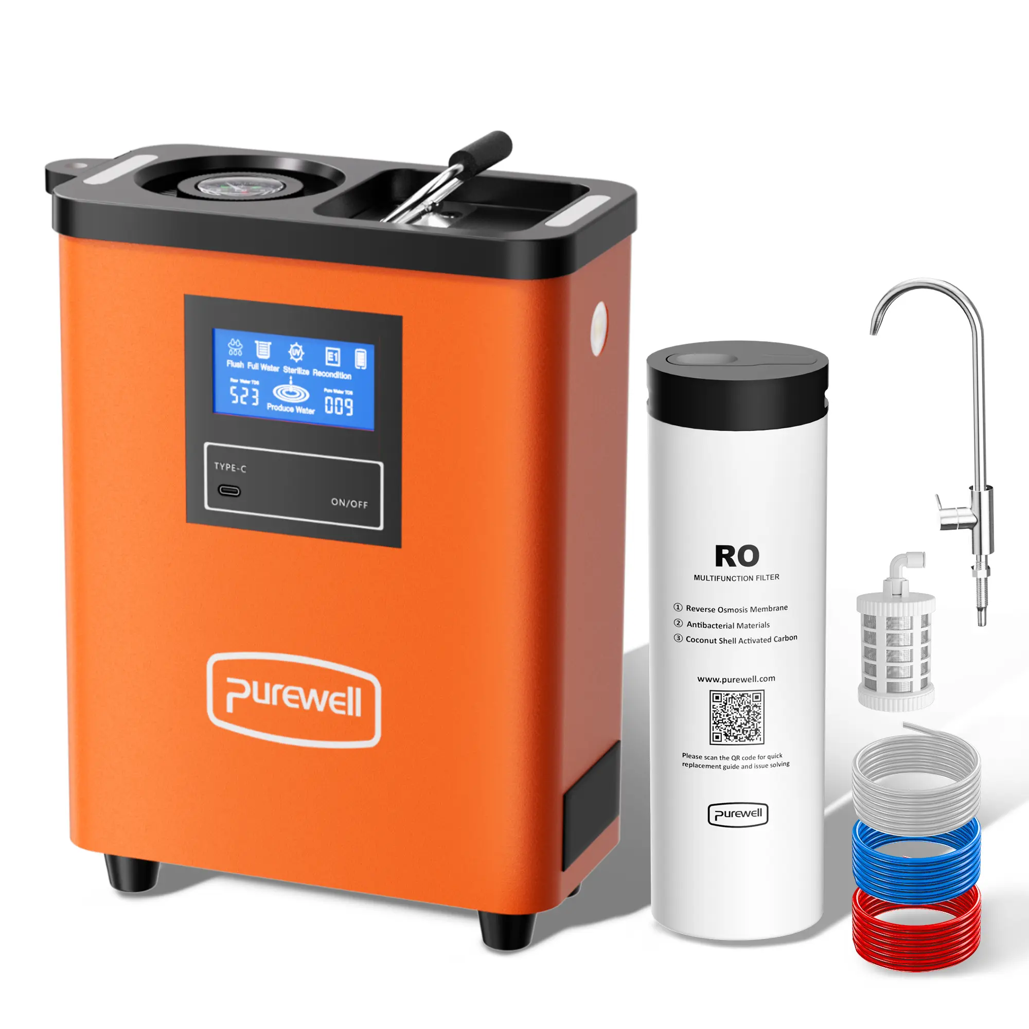 Purewell Portable RO Water Purifier with Smart TDS Display, Type-C Charging, for RV, Camping, Boating, Outdoor Travel and Emergency Backup