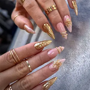 24 Pcs Medium-Length Almond Press-On Nails, Vintage Courtly Luxury Nude False Nails, 3D Gold Flower/bead/thread Design, Reusable Nail Art, Fake Nails