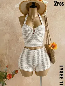Women's Striped Two-Piece Set, Textured Knit Halter Top with Elastic Waist Shorts, Summer Casual Vacation Home Wear