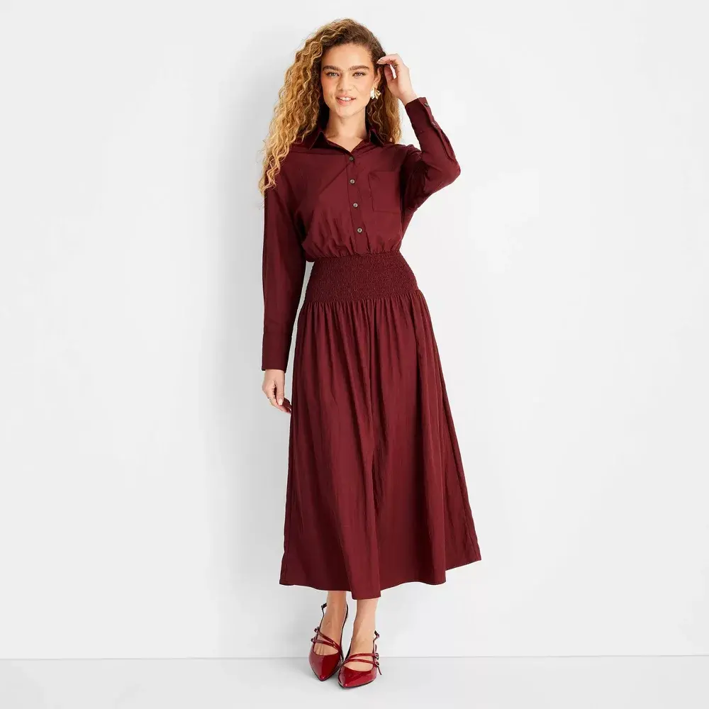Women's Basic Casual Collared Long Sleeve Smocked Midi Shirtdress - Future Collective Burgundy XXS, Nylon-Rayon Woven Lightweight Fabric, Front Button-Down, Side Pocket