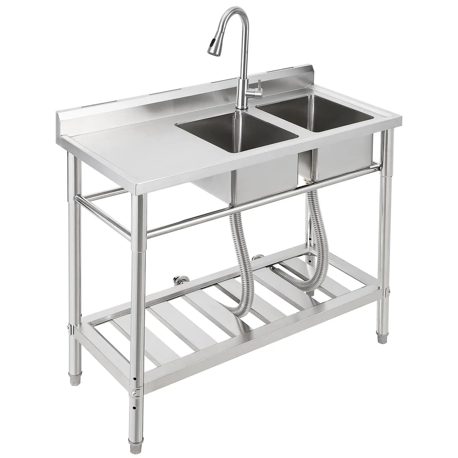 Commercial Stainless Steel Freestanding Utility Sink - Rectangular Solid Metal Workbench with 2 Bowls, Drainboard, Storage Shelves, Faucet for Restaurant, Garage, Laundry Room