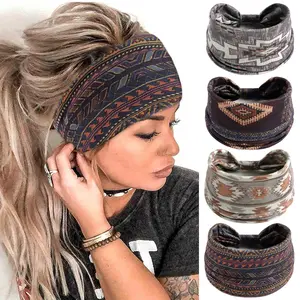 Boho Wide Headbands for Women Vintage Floral Head Bands Large African Bandana Hairbands Non Slip Yoga Workout Sweat Headwraps Cotton Thick Turban Fashion Hair Accessories 4Pcs