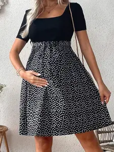 Maternity Dress, Floral Print Square Neck Dress, Casual Short Sleeve Maternity Dress for Vacation