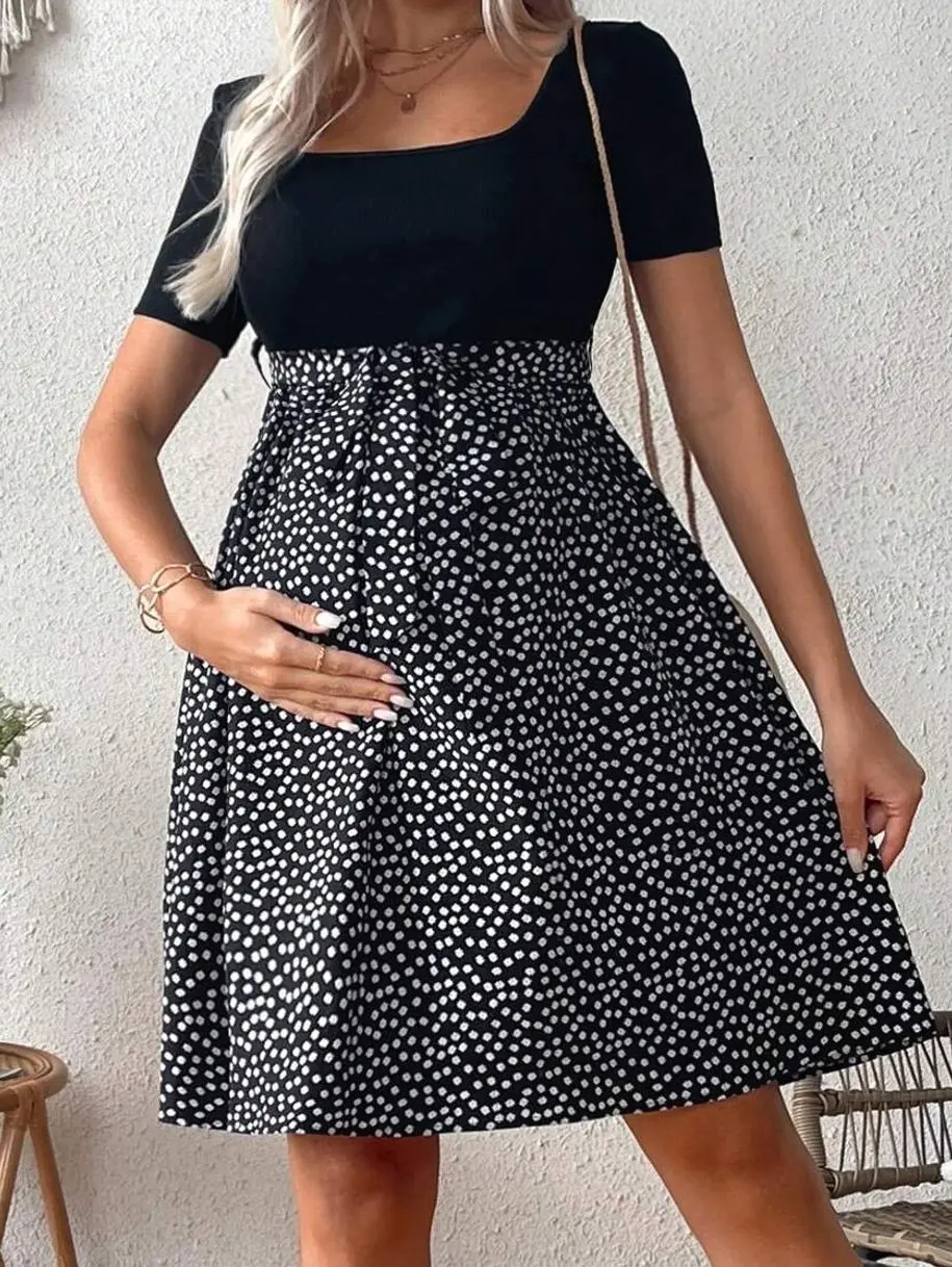 Maternity Dress, Floral Print Square Neck Dress, Casual Short Sleeve Maternity Dress for Vacation