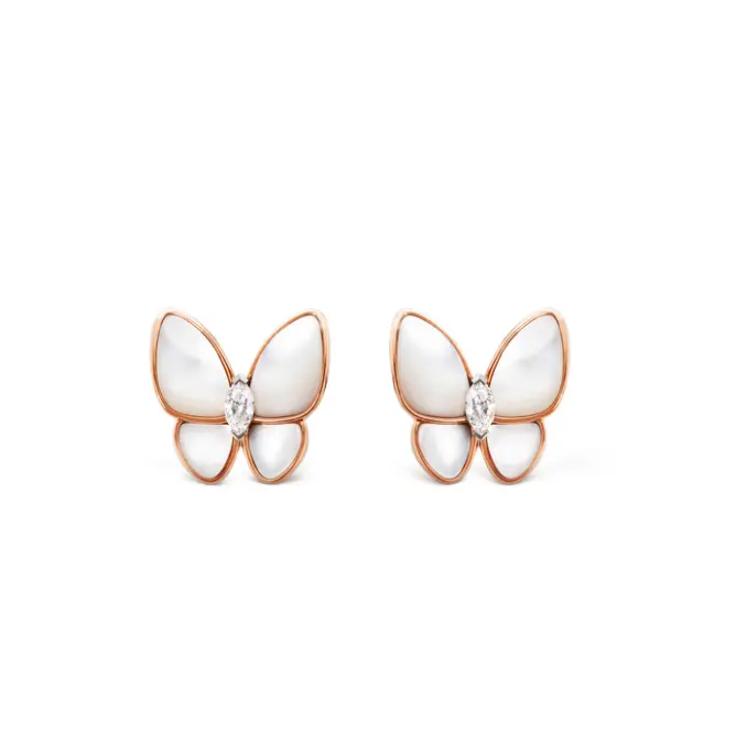 Pre-owned Van Cleef & Arpels 2 Butterfly Earrings 18K Rose Gold, Dia, Mother of Pearl, 2020 year
