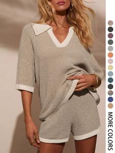 women's striped print short sleeve sweater & elastic waist skirt two-piece set, casual round neck knit top & skirt for summer, fashion women's two-piece for daily wear, clothes, womenswear, clothing sets, casual outfits women